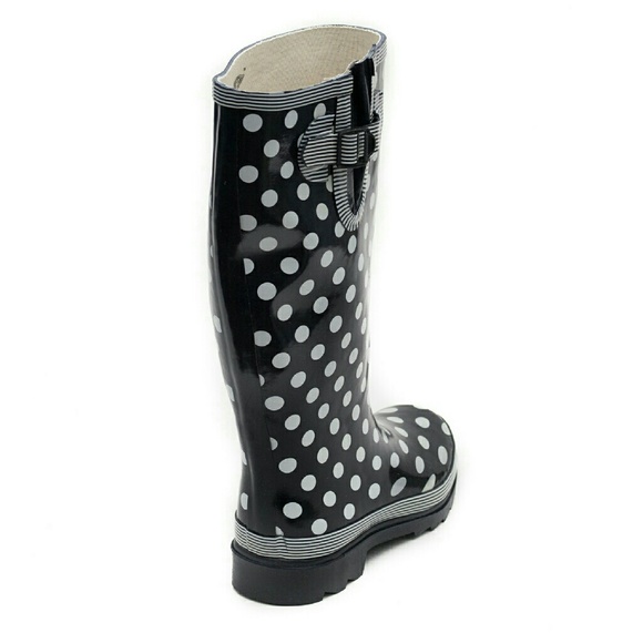 Women's Rainboots, Tall Rubber Rain Boots, #1511, Black Polka - Picture 2 of 3