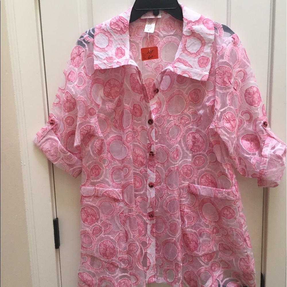 Sheer pink button down blouse.