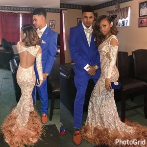 Rose Gold Sequin and Feather Gown Formal Prom