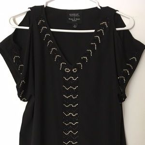 Open shoulder, black beaded blouse.