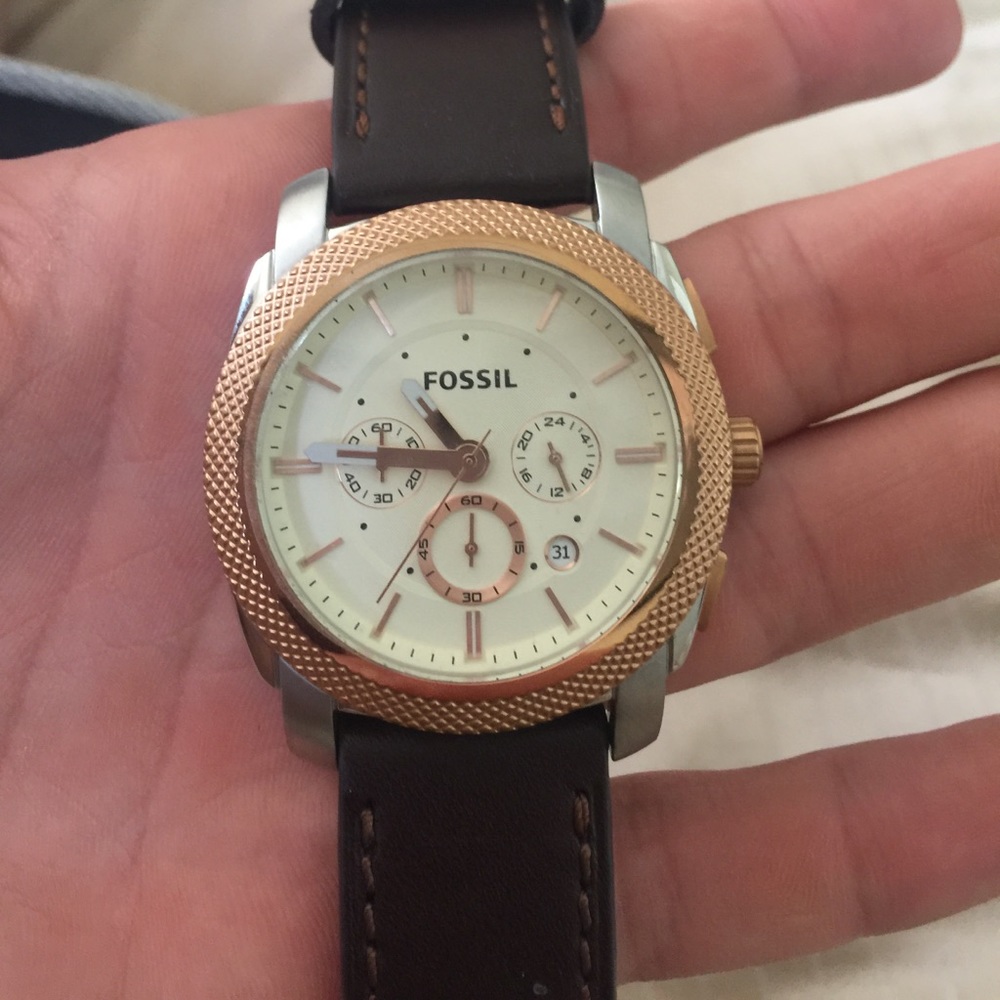 Fossil chronograph brown leather watch white face