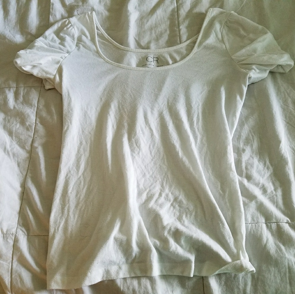 White tee with ruffle sleeves