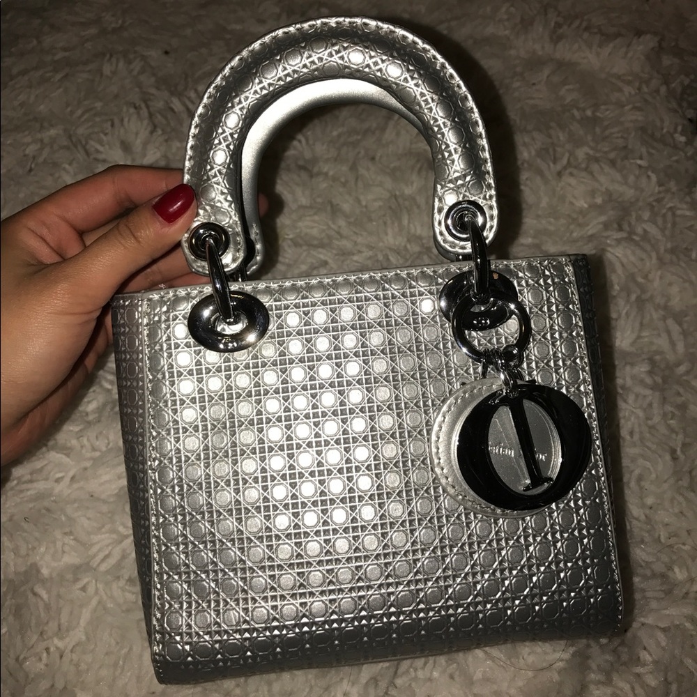 Lady Dior mini silver hand bag