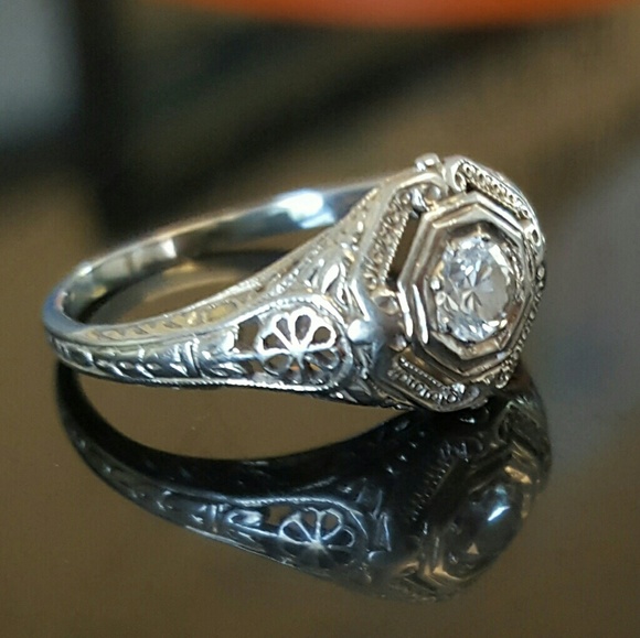 💍Art Deco 18k white gold antique diamond ring - Picture 1 of 6