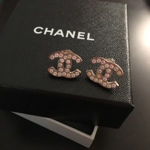 CHANEL CC Crystal SILVER Stud Earrings Authentic