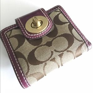 Authentic Coach wallet purple leather trim & tan