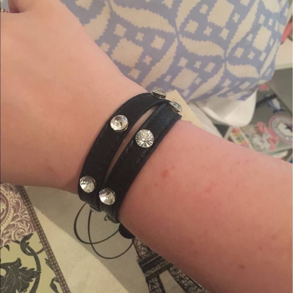 Black leather diamond studded wrap bracelet