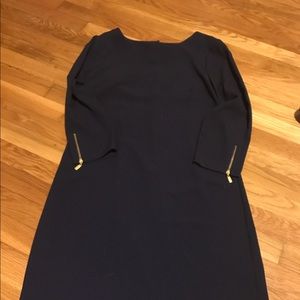 Navy shift dress with gold zipper. Size 8.
