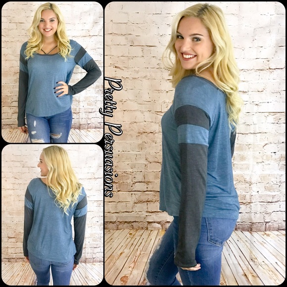 SALE‼️ NWT Blue & Charcoal Strappy Neck Top - Picture 2 of 6