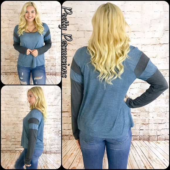 SALE‼️ NWT Blue & Charcoal Strappy Neck Top - Picture 3 of 6