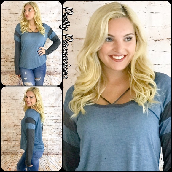 SALE‼️ NWT Blue & Charcoal Strappy Neck Top - Picture 4 of 6