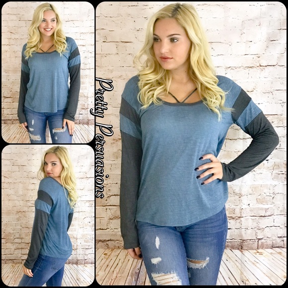 SALE‼️ NWT Blue & Charcoal Strappy Neck Top - Picture 5 of 6