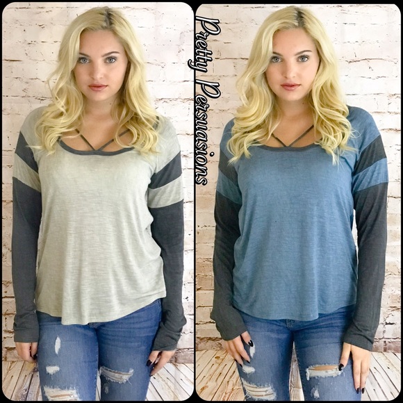 SALE‼️ NWT Blue & Charcoal Strappy Neck Top - Picture 6 of 6