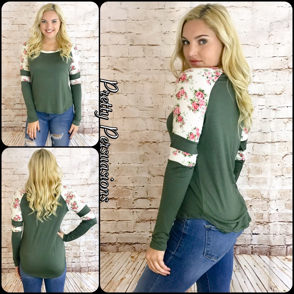 LAST ONE‼️Olive Varsity Striped Floral Print Top - Picture 2 of 4