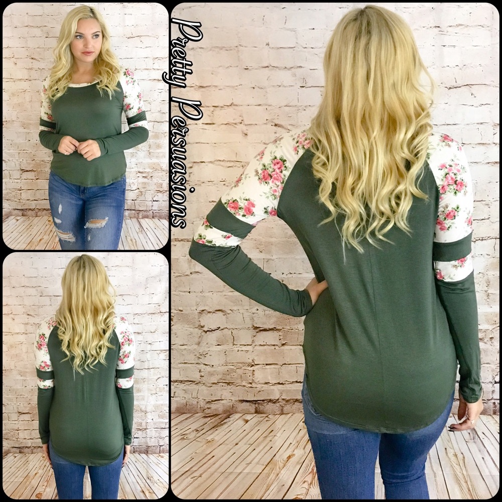 LAST ONE‼️Olive Varsity Striped Floral Print Top - Picture 3 of 4