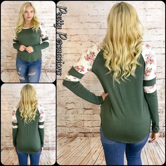 LAST ONE‼️Olive Varsity Striped Floral Print Top - Picture 3 of 4