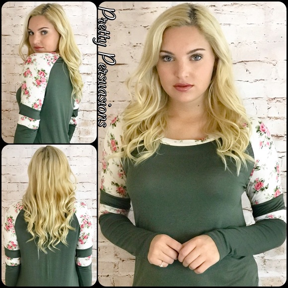 LAST ONE‼️Olive Varsity Striped Floral Print Top - Picture 4 of 4