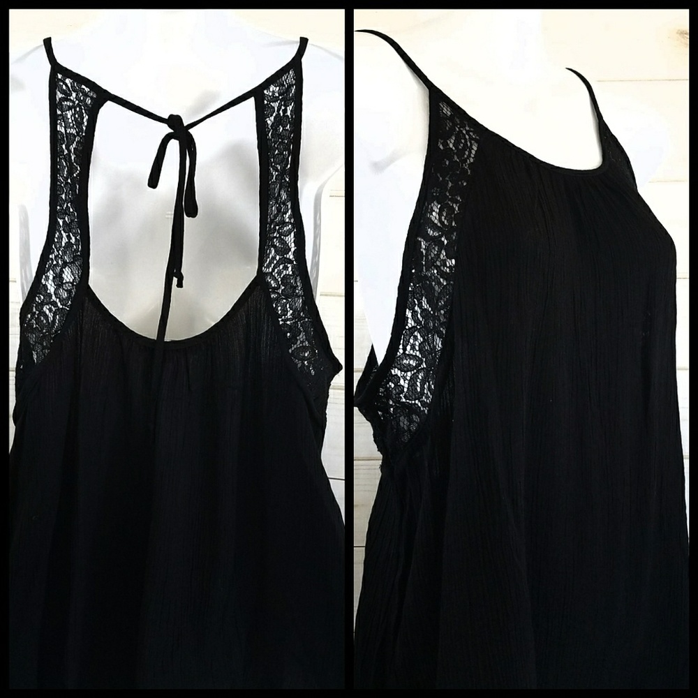Lace Detail Open Back Boho Tank Top Tie Back