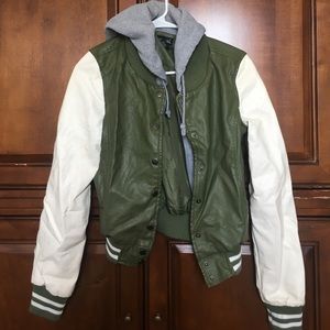 Faux leather collegiate style jacket layered