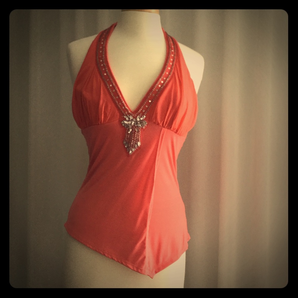 Coral sequin embellished halter top
