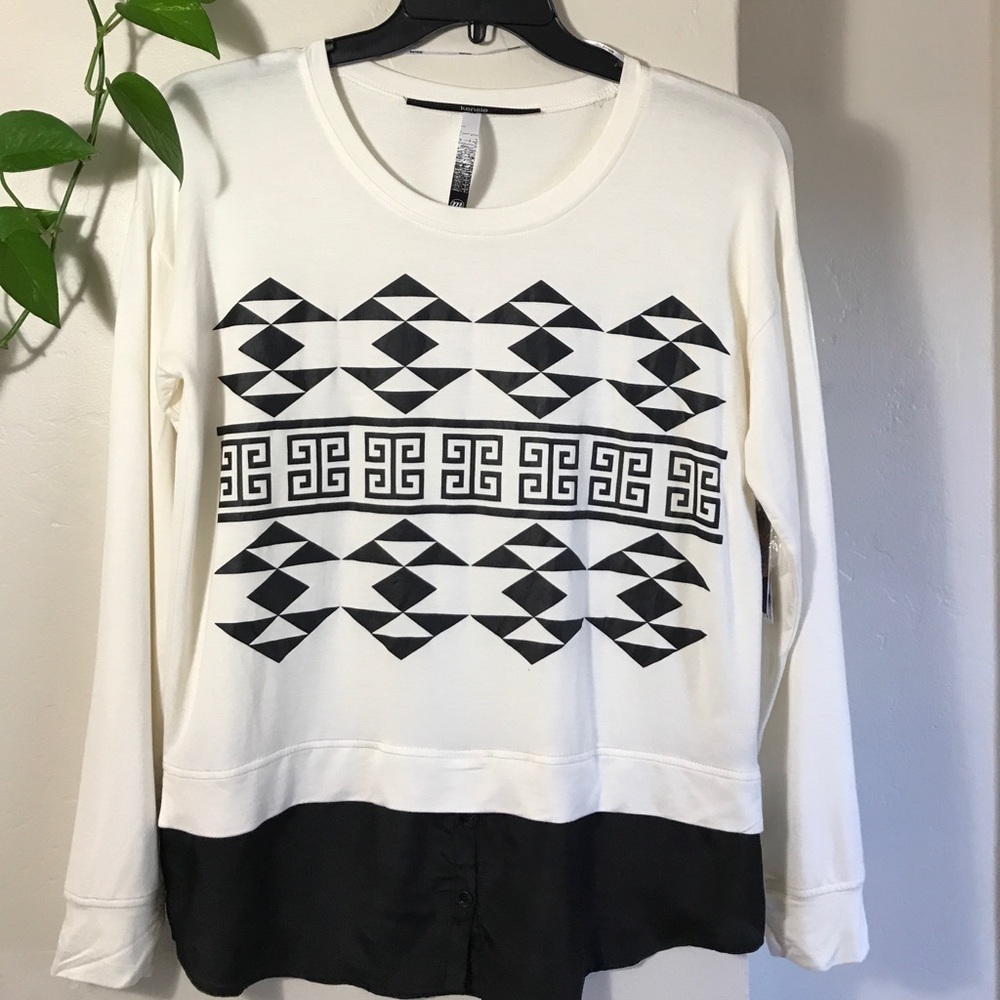 Kensie Top Long Sleeve Aztect Print French Terry
