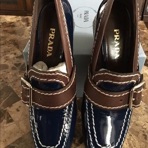 Prada blue with brown loafers