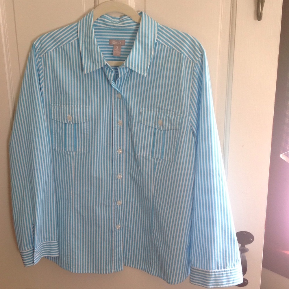 Chico's sz 3 (XL sz 16) turq/white stripe blouse