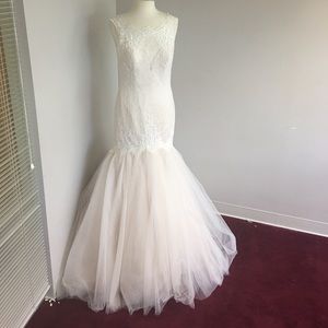Allure fit to flare ivory and blush wedding gown