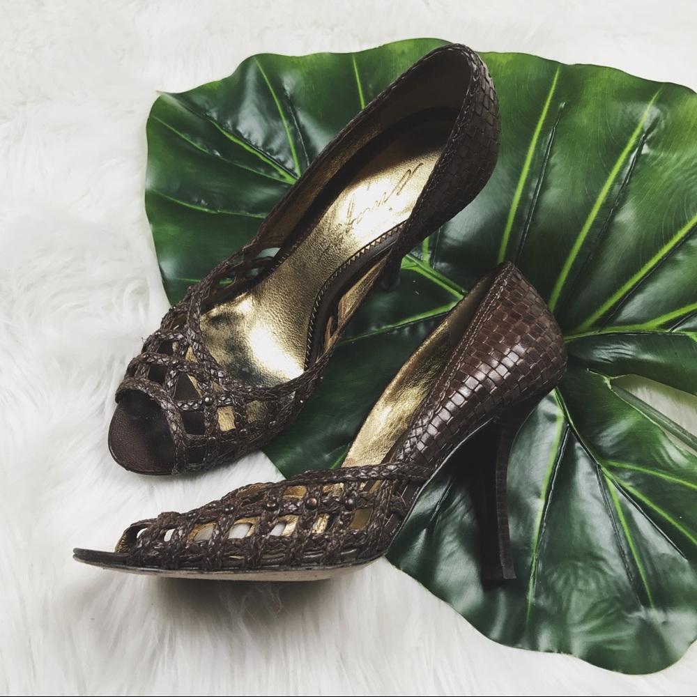 Brown Woven All Leather Heels by Vince Camuto