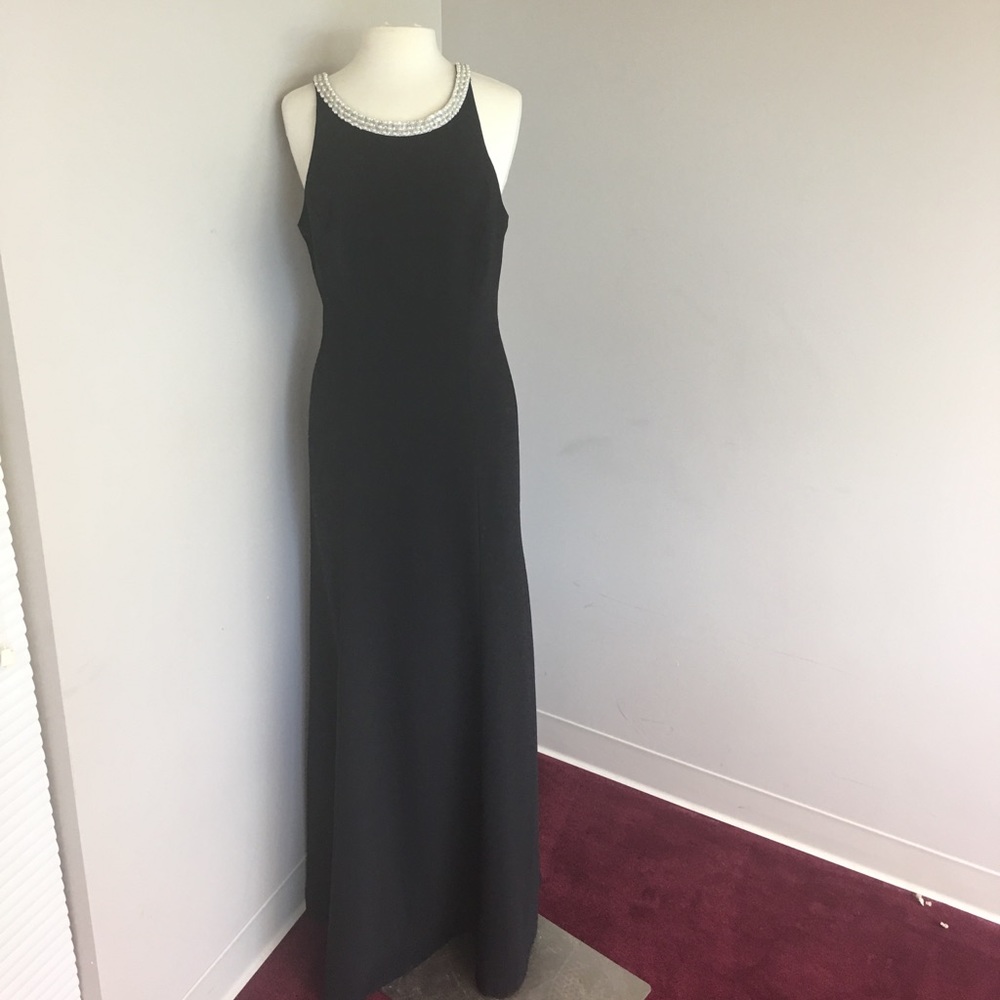 Dessy Black Crepe Floor Length Gown with Pearls