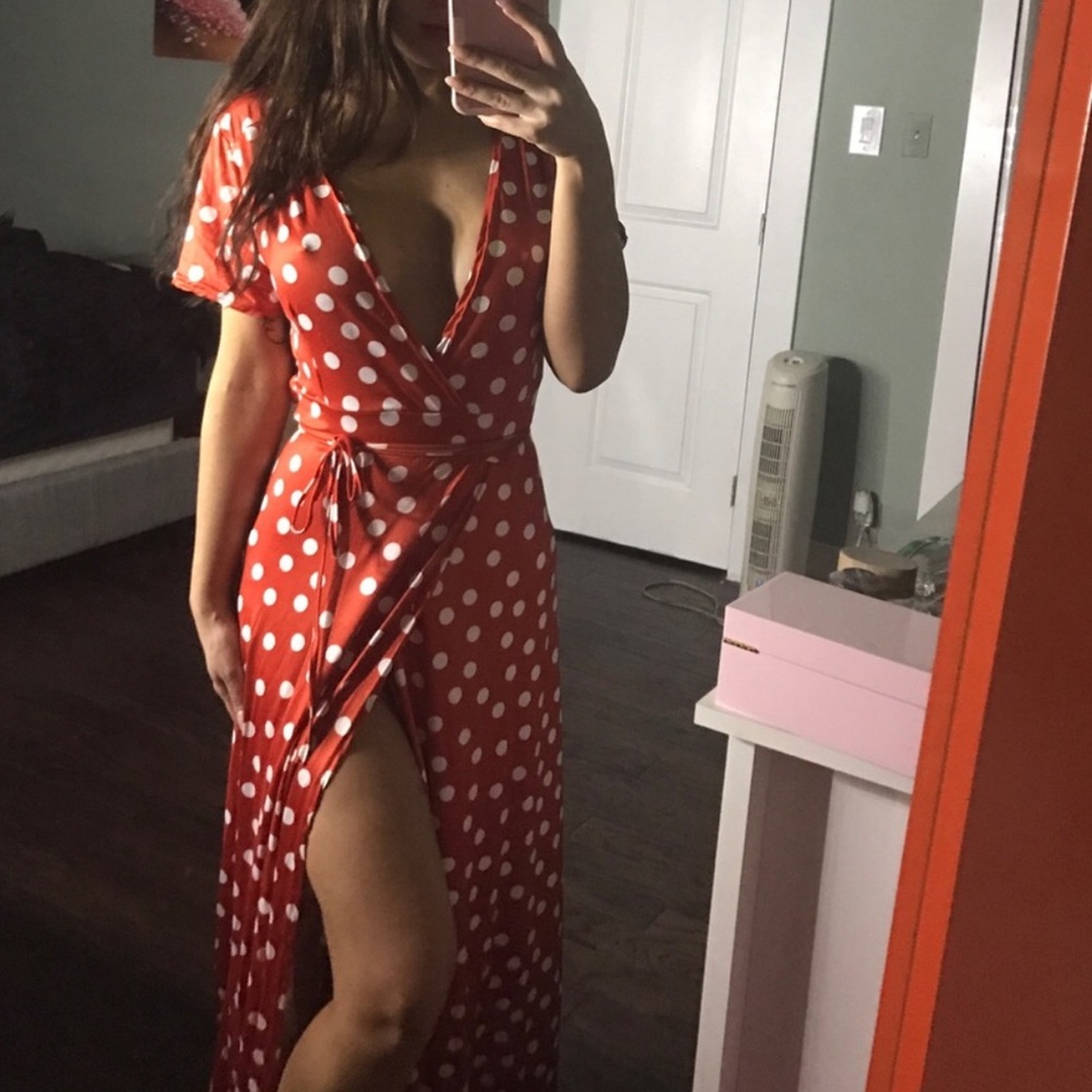 Red Polka dot plunge wrap maxi dress