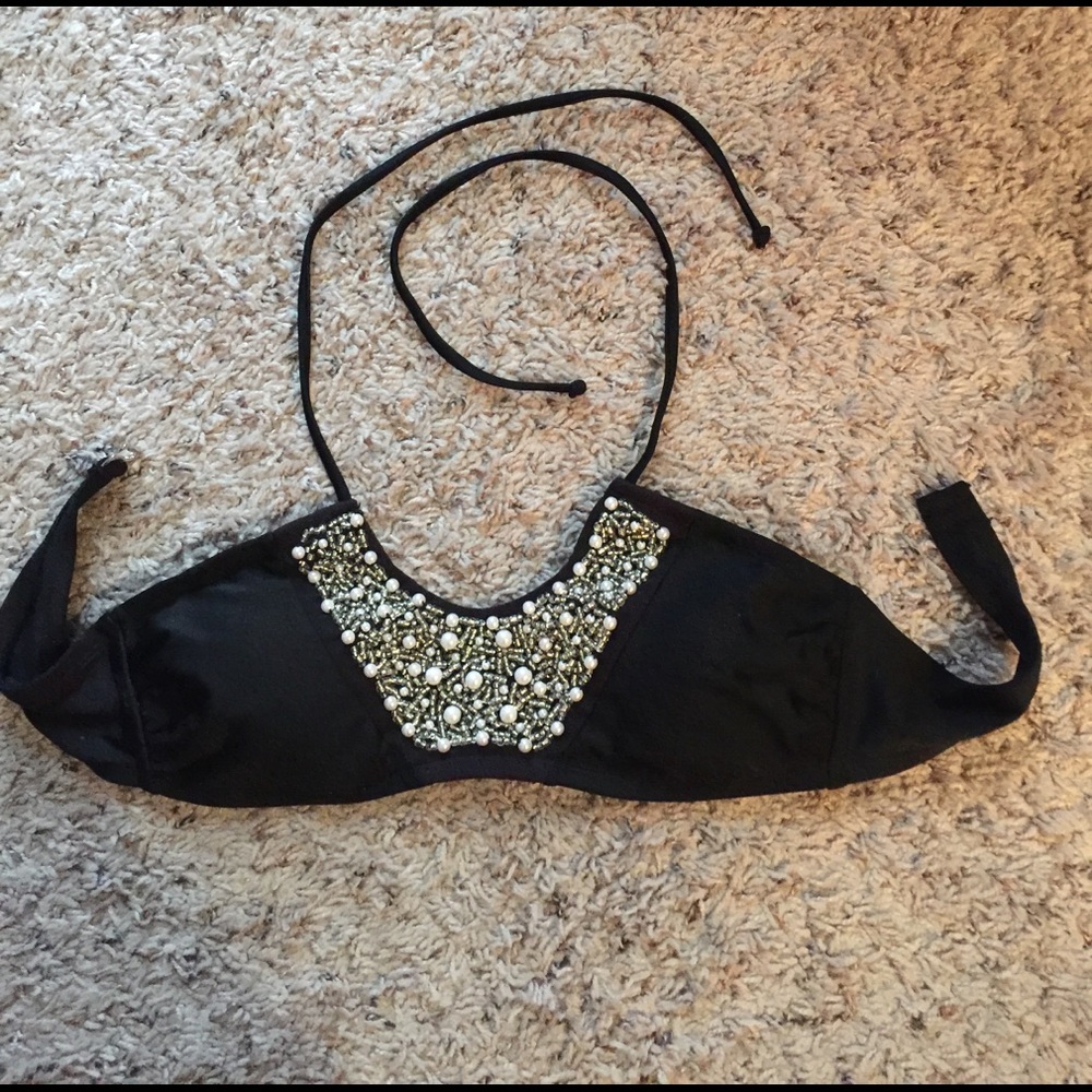 Black embroidered bathing suit top