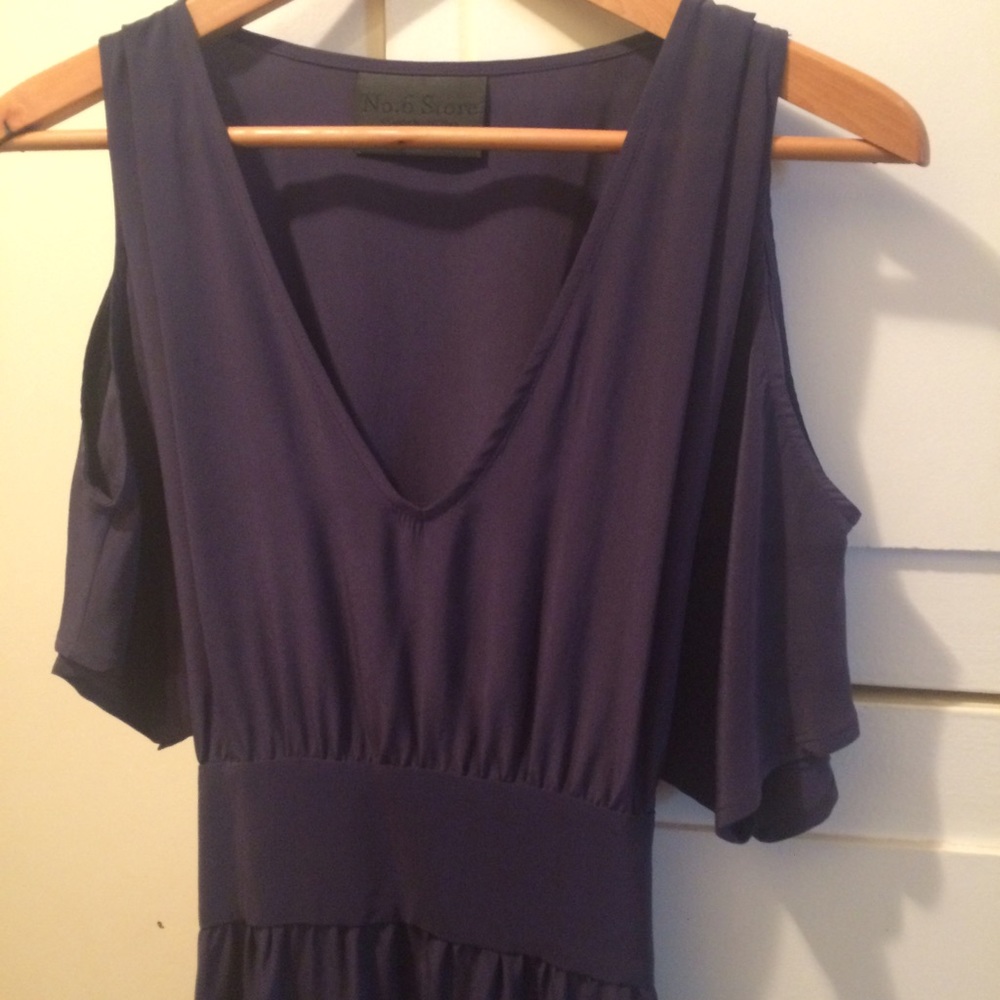 Deepest blue elegant open shoulder dress.