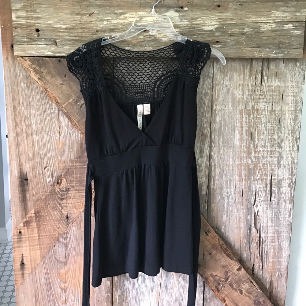 Black deep v neck shirt with lace detail and tie