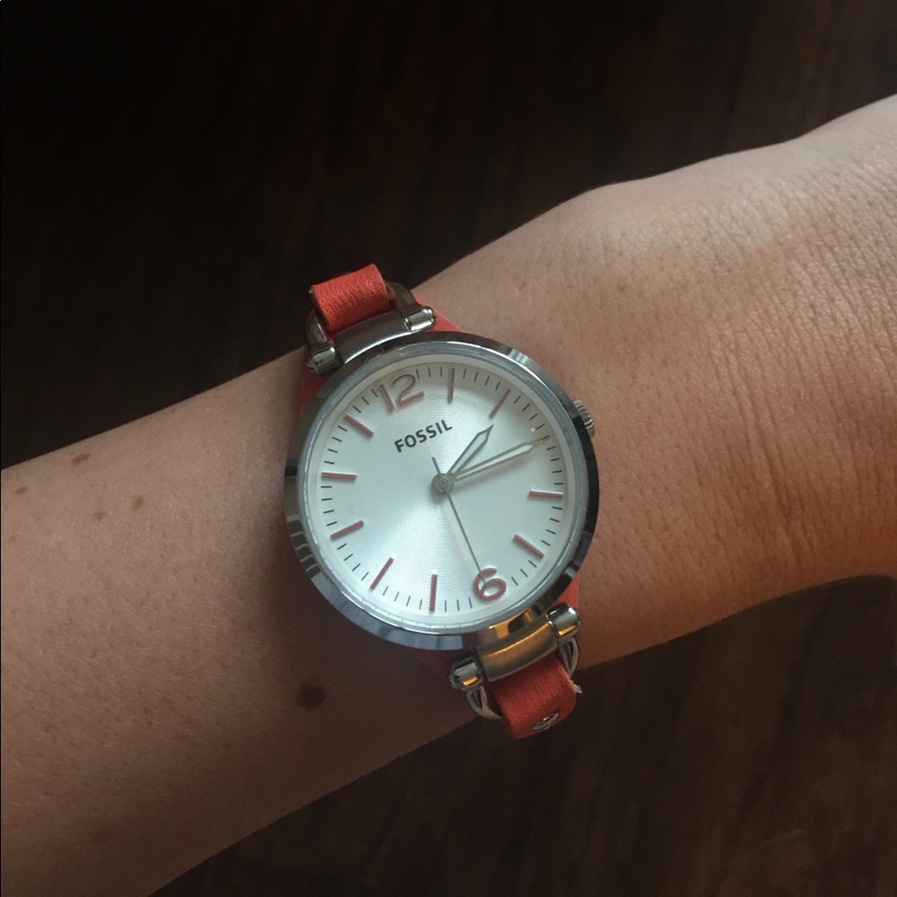 Coral leather fossil watch