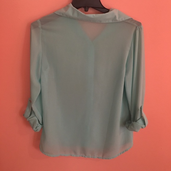 Light Blue Button Down Chiffon Top - Picture 2 of 3
