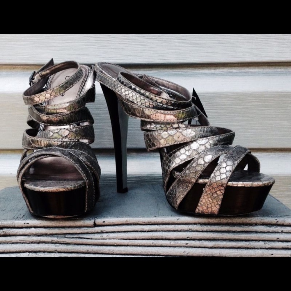 BEBE Metallic Snakeskin Python Platform Heels
