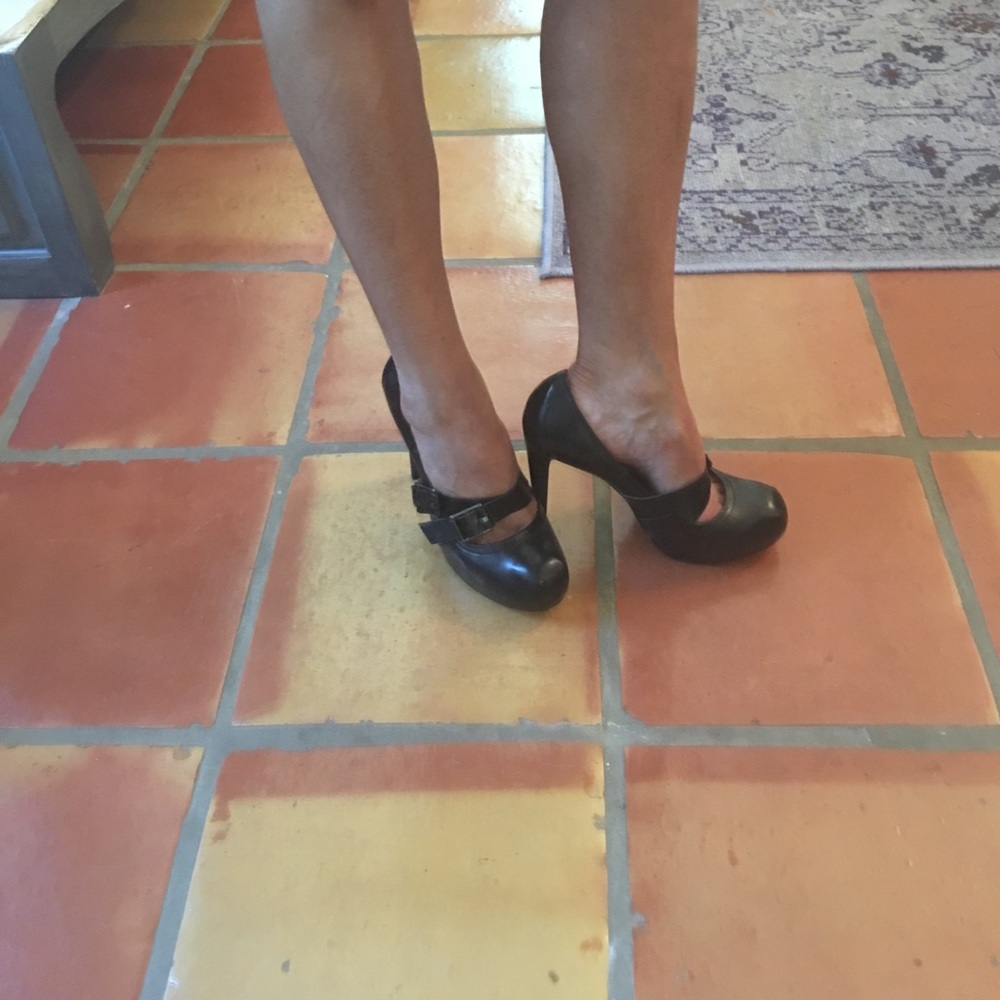 Black L.A.M.B. heels with buckles