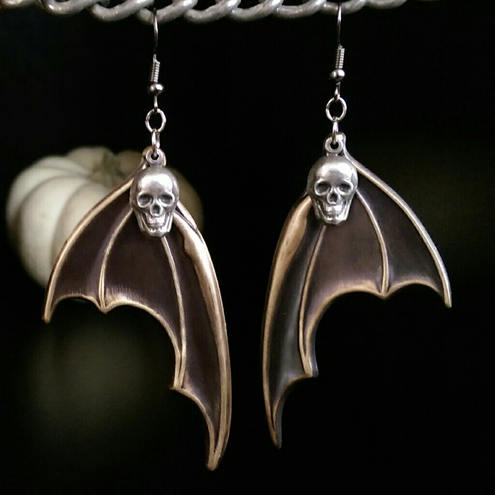 Antiqued Brass Bat Wing Skull Earrings Horror Goth