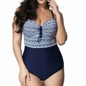 Blue Geometric design swim suit plus size