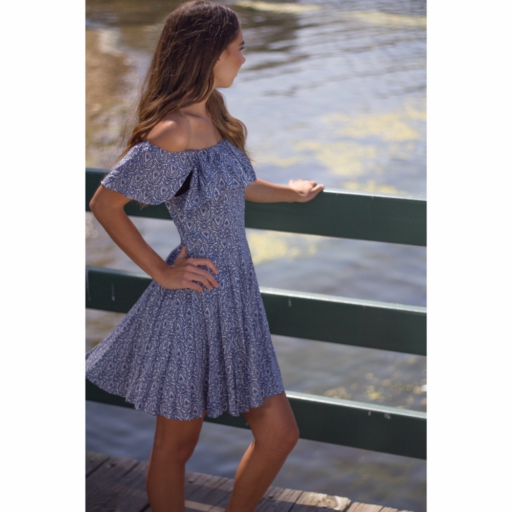 off the shoulder paisley dress