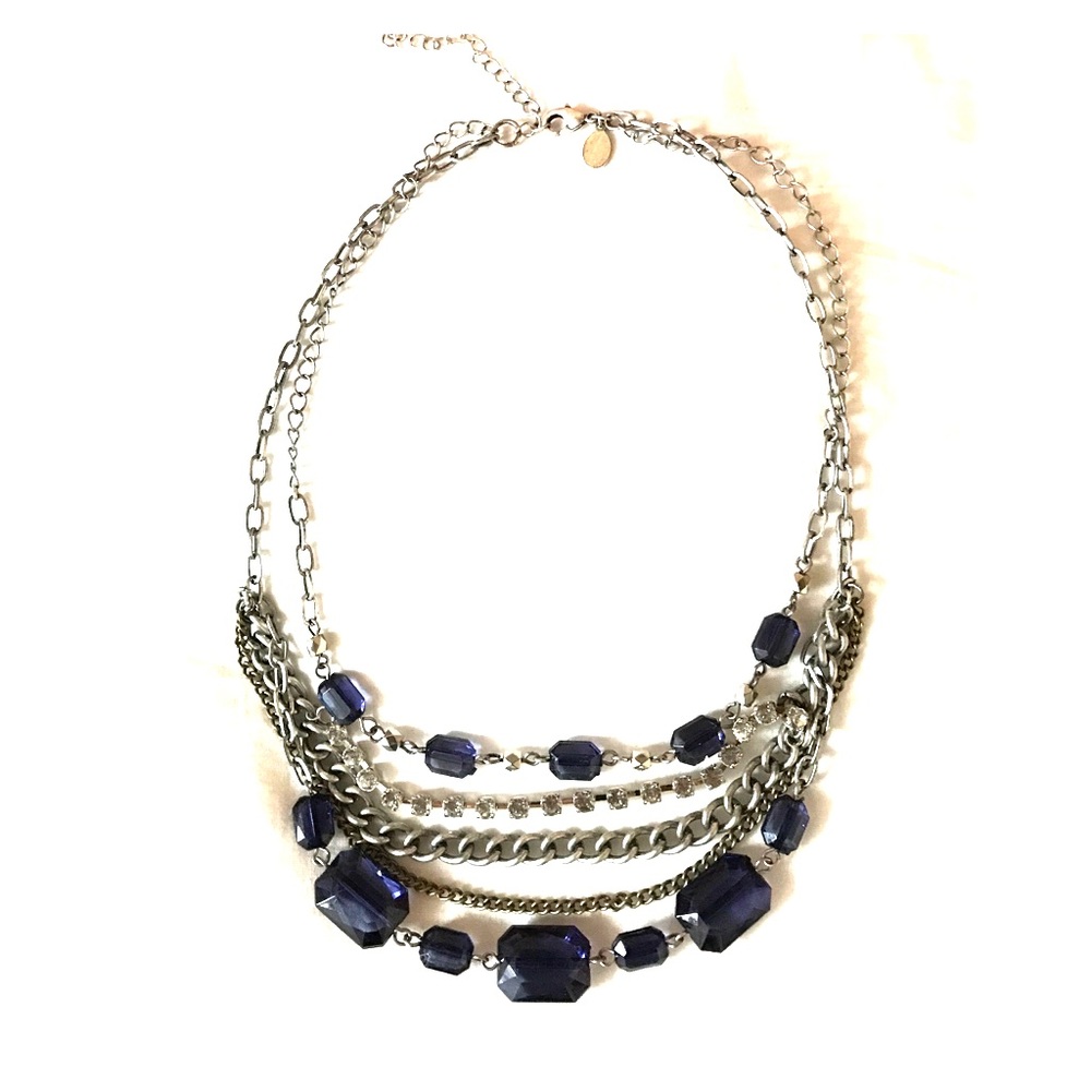 Silver, rhinestone, and blue beaded necklace