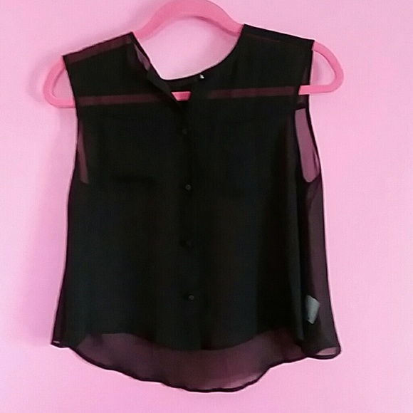 Obakki 100% silk sheer black button down sleeveless top - Picture 1 of 4