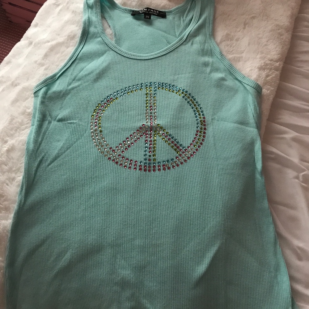Turquoise ribbed tank w peace sign