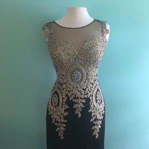 Mon Cheri Gown. Black with Gold Lace and Beading