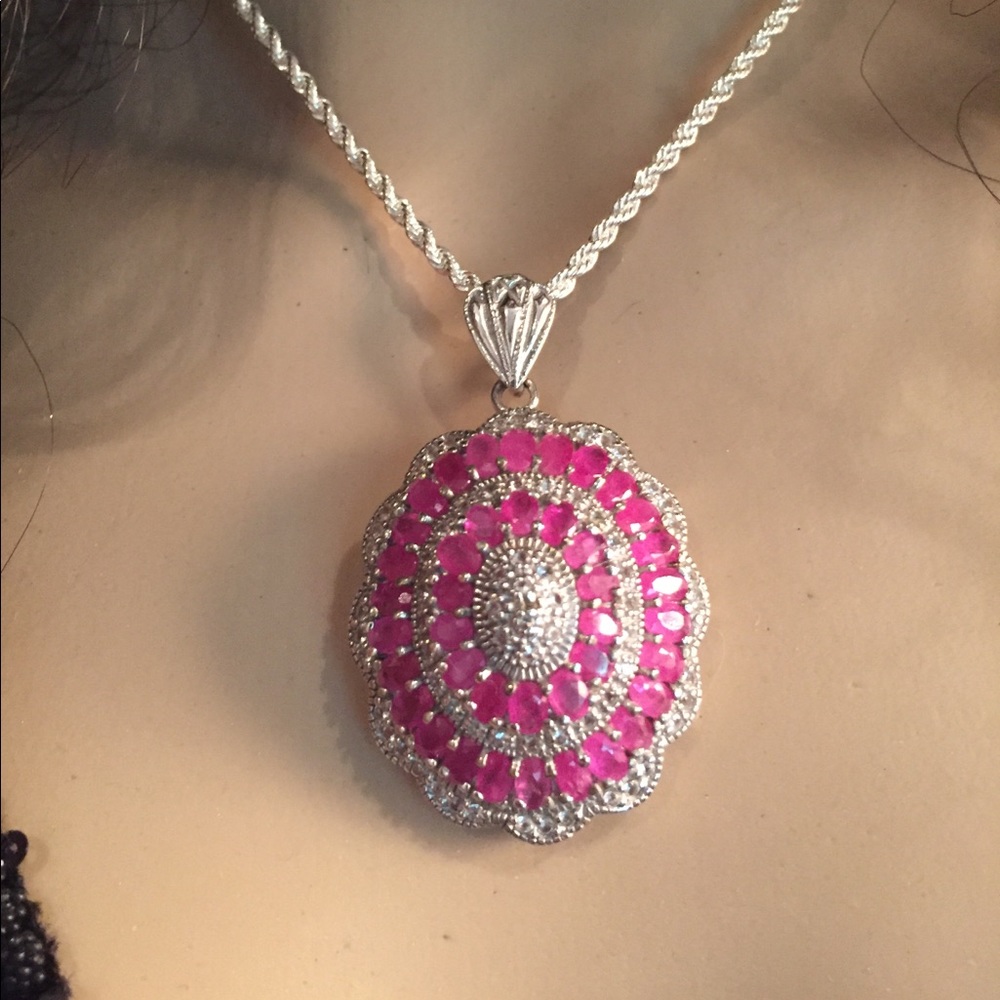 Huge Diamond & Ruby Pendant 925 Sterling Silver