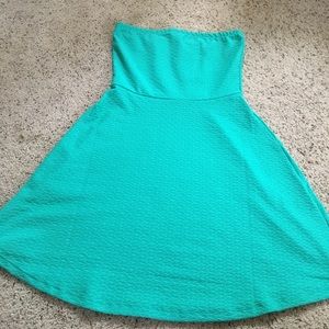 Strapless turquoise mini dress