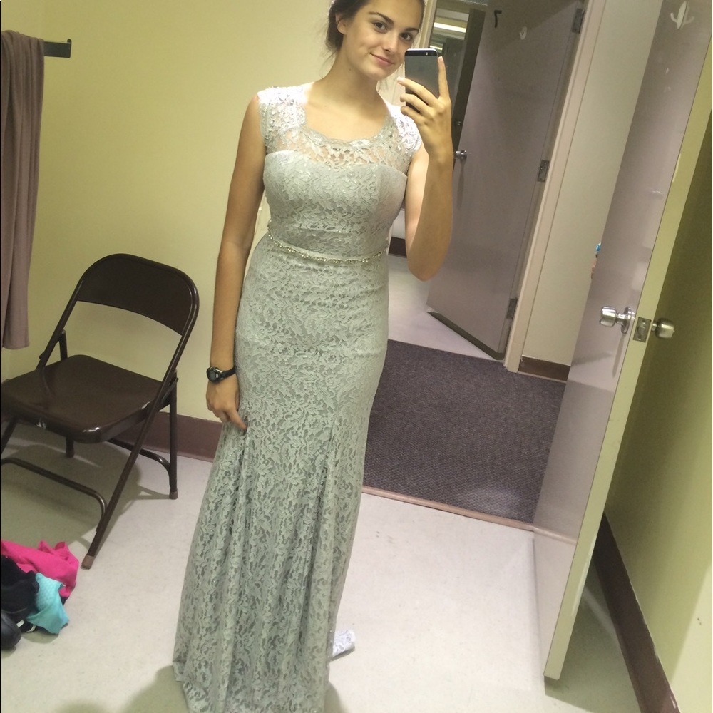 Silver peekaboo back floorlength prom dress