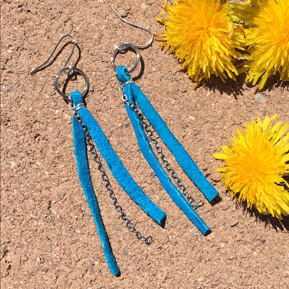SO SOFT & Comfy 3" drop leather HOT blue earrings
