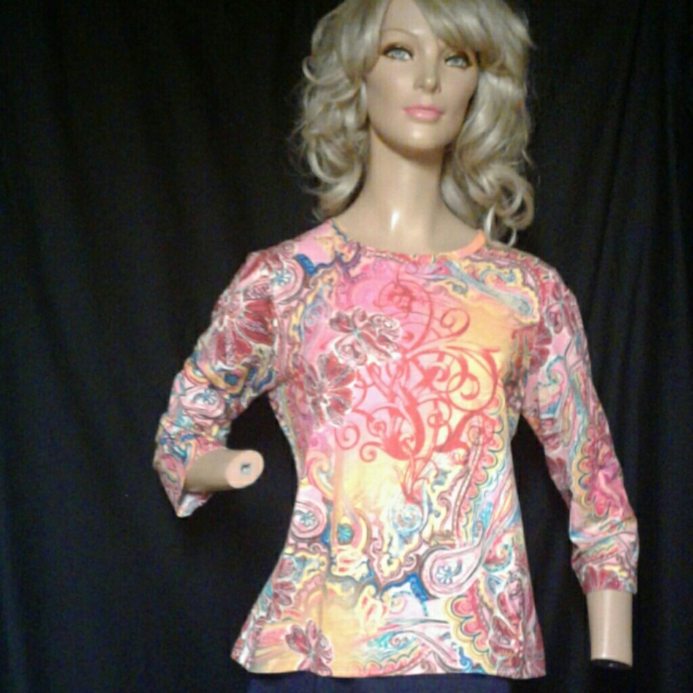 Coldwater Creek 3/4 Sleeve Pink Abstract Print Top